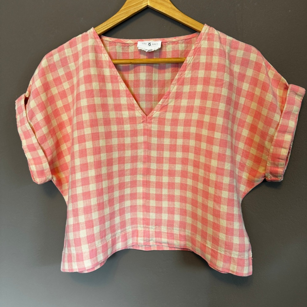 Lou & Grey Gingham Linen V-Neck Boxy Crop Top Small Short